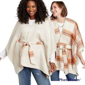 Reversible Flannel Tie Waist Ruana - One Size